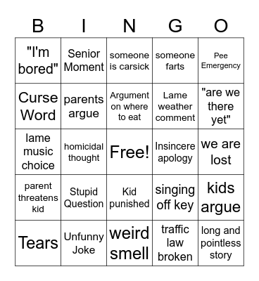 Hackman Road Trip Bingo Card