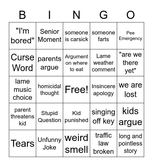 Hackman Road Trip Bingo Card