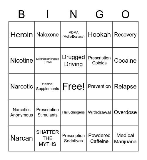 National Drug and Alcohol Fact Week Bingo Card