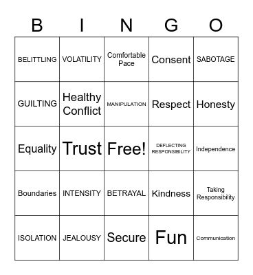 Relationship Bingo Card