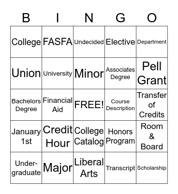 College Word Bingo Card