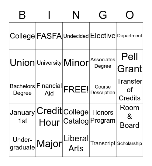 College Word Bingo Card