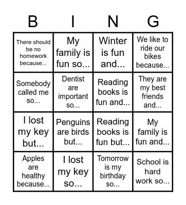 Sentence Bingo Card