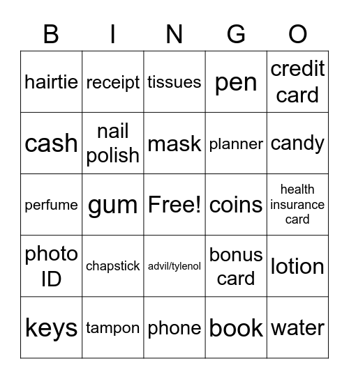 Purse Bingo Card