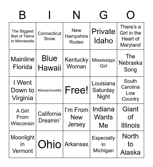 U.S. States Bingo Card