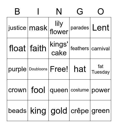 Mardi Gras 2 Bingo Card