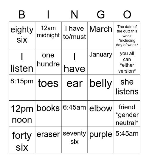 Basics pt1 Bingo Card