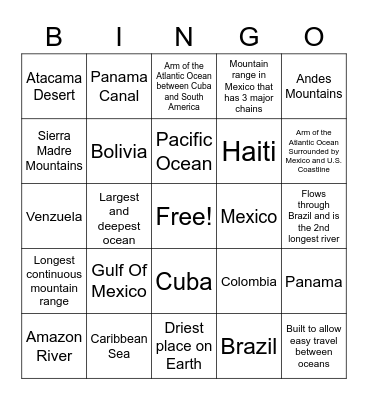 South America Geography Bingo Card