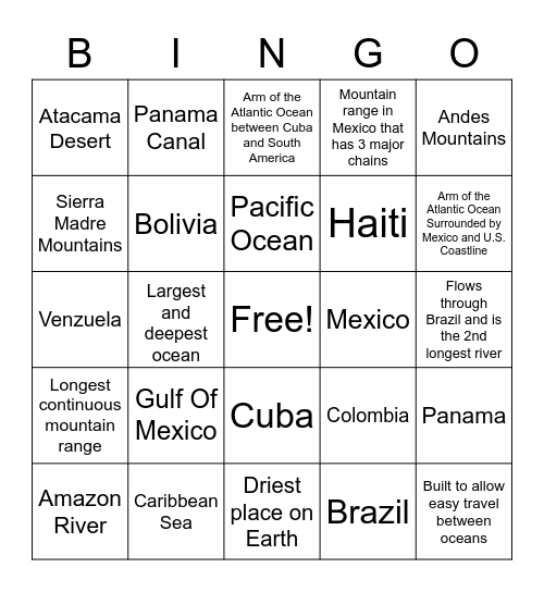 South America Geography Bingo Card