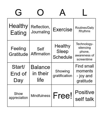 Healthy Habits Bingo Card