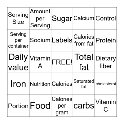 Food Labels Bingo Card