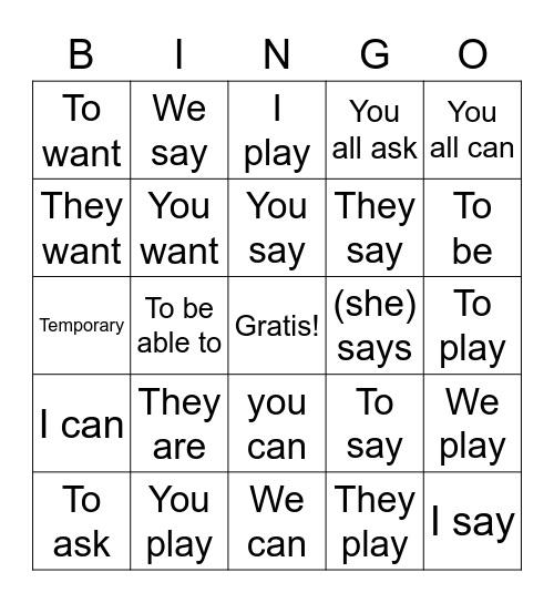 Verbos Irregulares Bingo Card