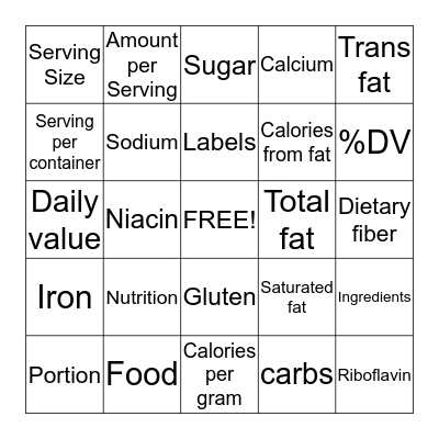 Food Labels Bingo Card