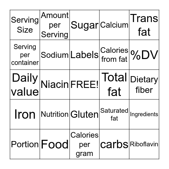 Food Labels Bingo Card