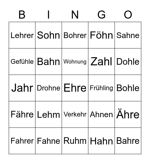 Wörter mit Dehnungs „h“ . Kommt nur vor den Buchstaben  l,m,n,r vor. Bingo Card