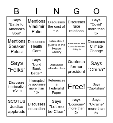 2022 State of the Union Bingo Card