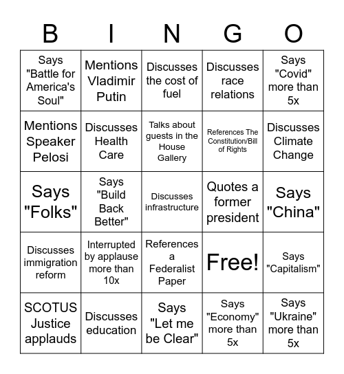 2022 State of the Union Bingo Card