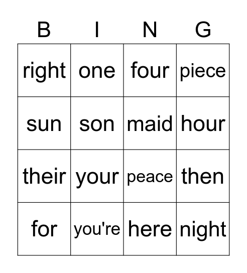 HOMOPHONES Bingo Card
