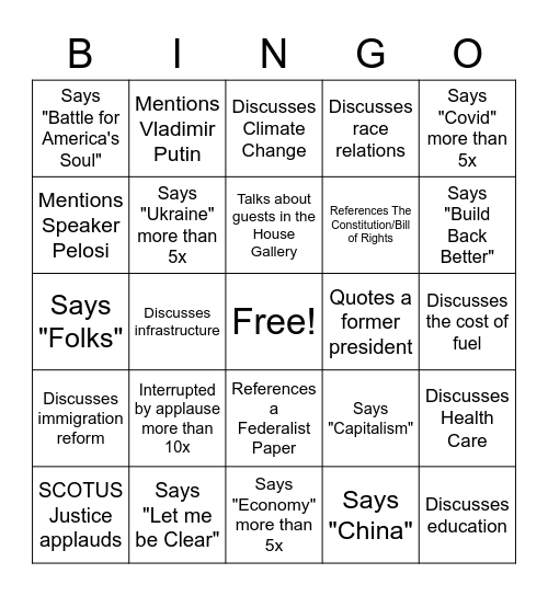 2022 State of the Union Bingo Card
