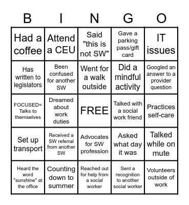 Social Work Month Bingo Card