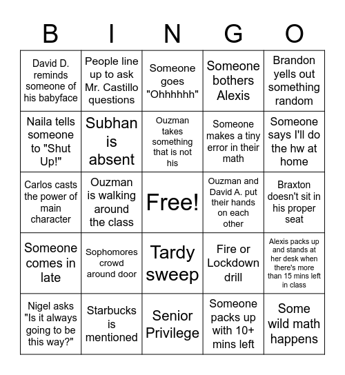 AICE 1 Bingo Card