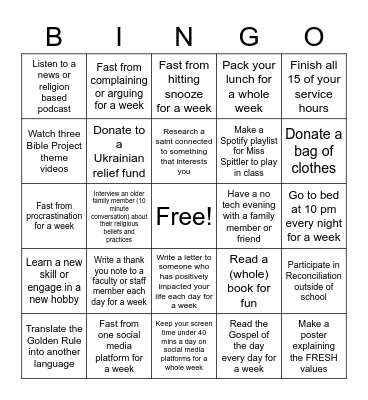 Lenten Bingo Card