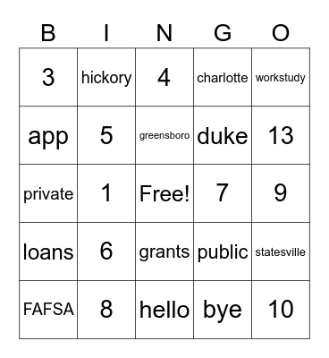 Cost of Education Bingo Card