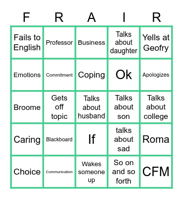 Frair Self Managment Bingo Card