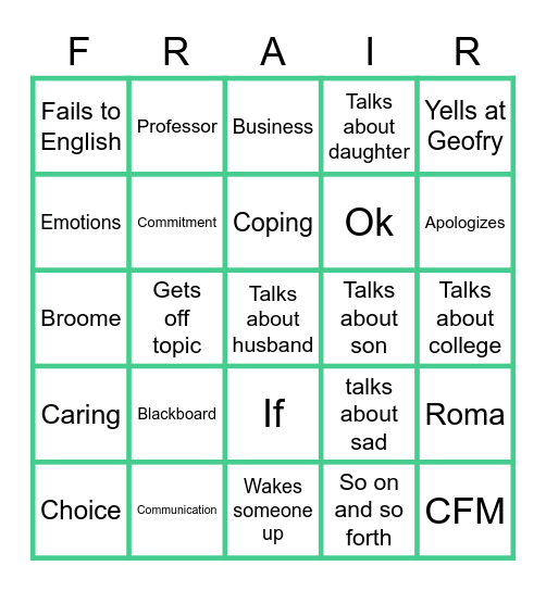 Frair Self Managment Bingo Card