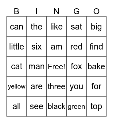 Sight Word Bingo Card
