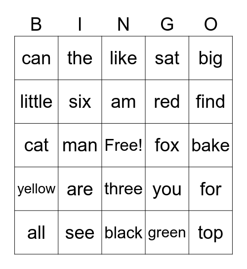 Sight Word Bingo Card