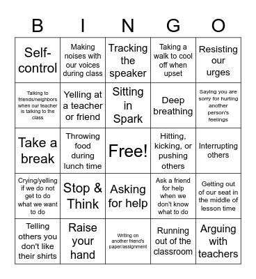 Impulse Control Bingo Card