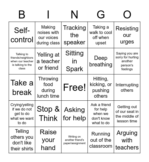 Impulse Control Bingo Card