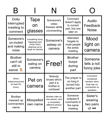 Congregation Zoom Bingo Card