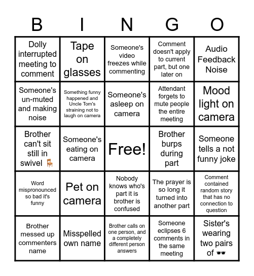 Congregation Zoom Bingo Card