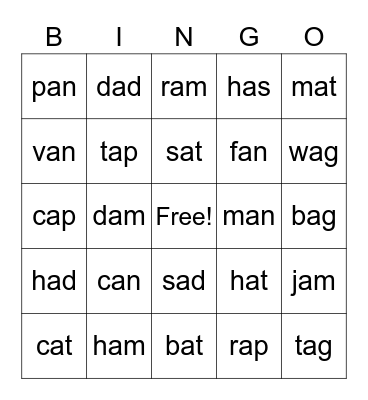 Short a Middle Vowel Sounds Bingo Card