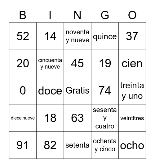 Los Numeros 0-100 Bingo Card