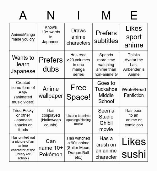 Tukahoe Anime Club Bingo Card