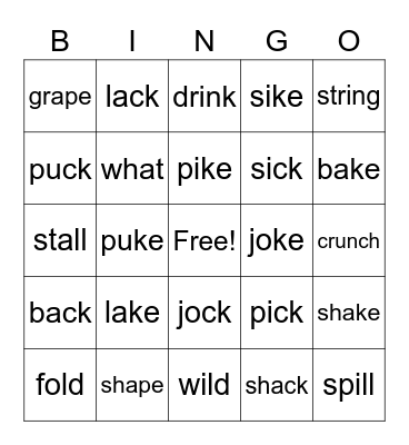 -ck OR -ke Bingo Card
