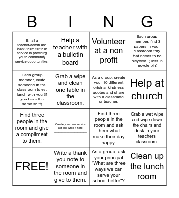 Classroom Kindness & Service Bingo Card
