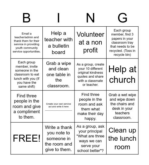 Classroom Kindness & Service Bingo Card