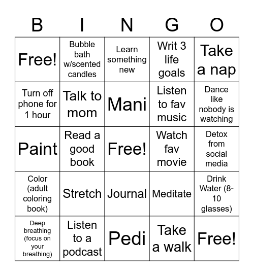 Self Care Bingo Card