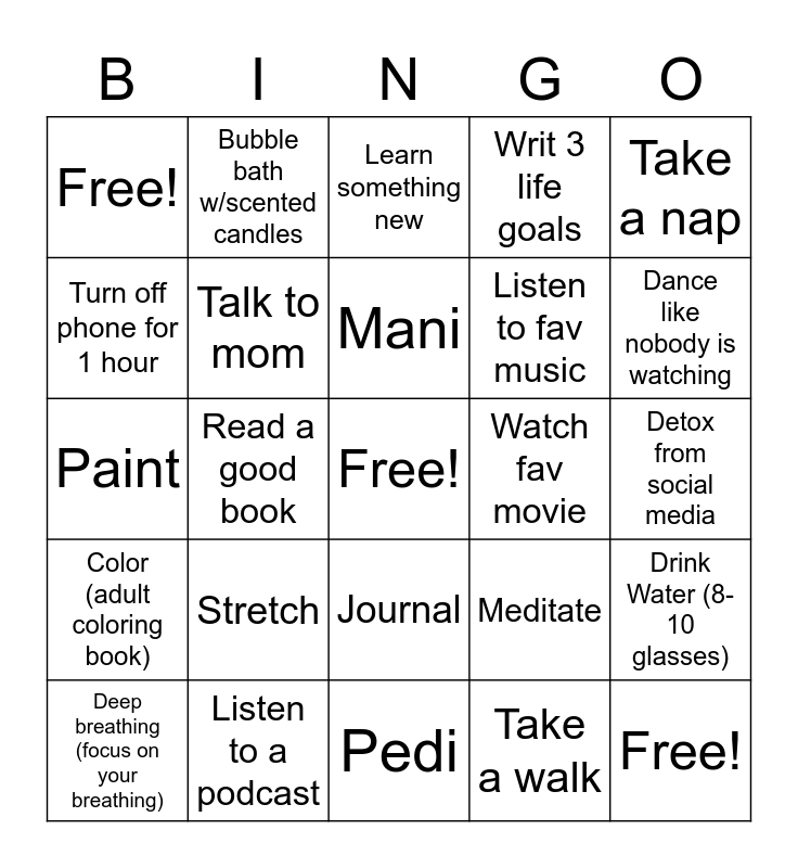 Self Care Bingo Card