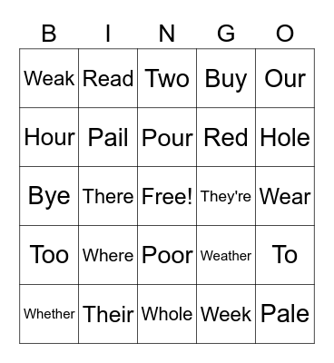 Homophone Bingo Card