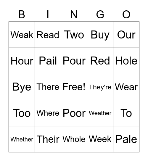 Homophone Bingo Card