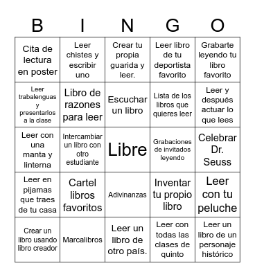 Mes de la lectura Bingo Card