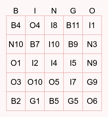 Table Top Nite Bingo Card