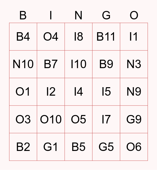 Table Top Nite Bingo Card