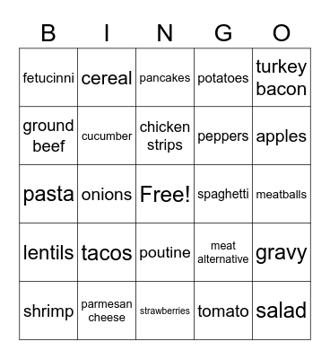 Food/Nutrition/Resources Bingo Card