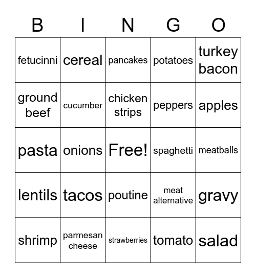 Food/Nutrition/Resources Bingo Card